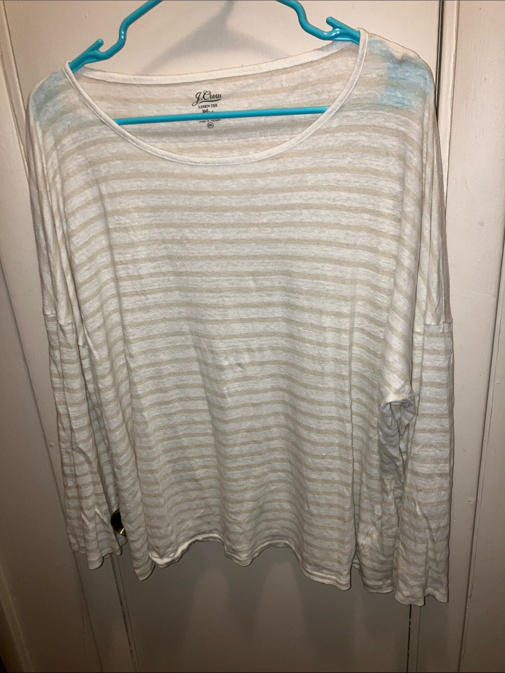J. Crew Cream and Light White Striped Long-Sleeve Tee 100% Linen XXL